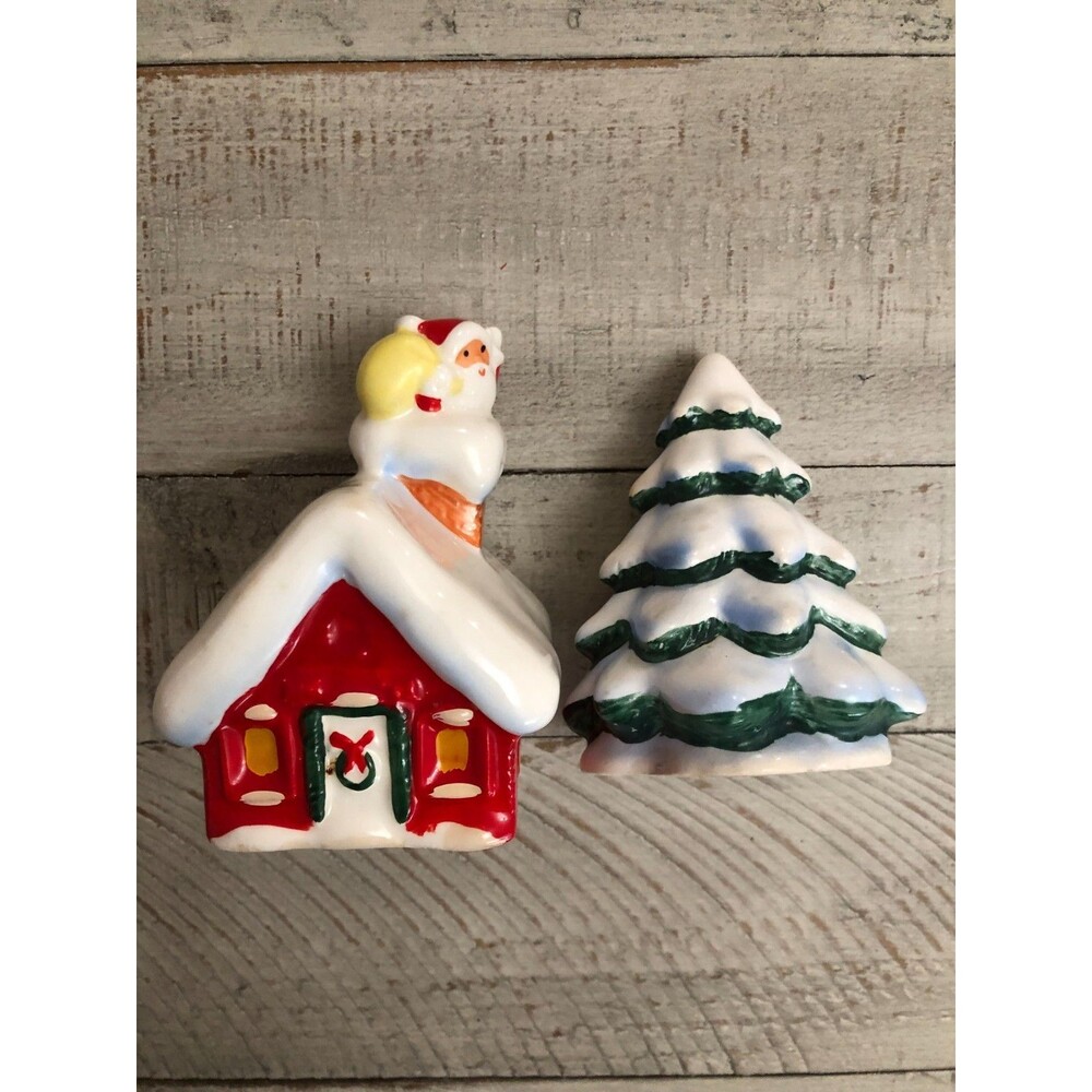 Vtg MCM Santa Chimney House & Tree Salt Pepper Shaker Set Japan